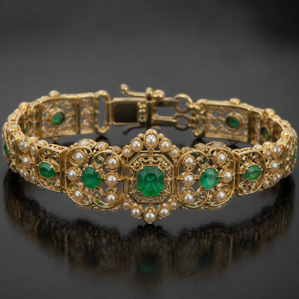 A edwardian women's bracelet made of silver with pearl and turquoise stones. uma pulseira linda nova com esmeralda,ouro, que seja linda que as pessoas possa amar
photorealistic jewelry design, A edwardian women's bracelet made of silver with pearl and turquoise stones. uma pulseira linda nova com esmeralda,ouro, que seja linda que as pessoas possa amar, edwardian style, just the design no text