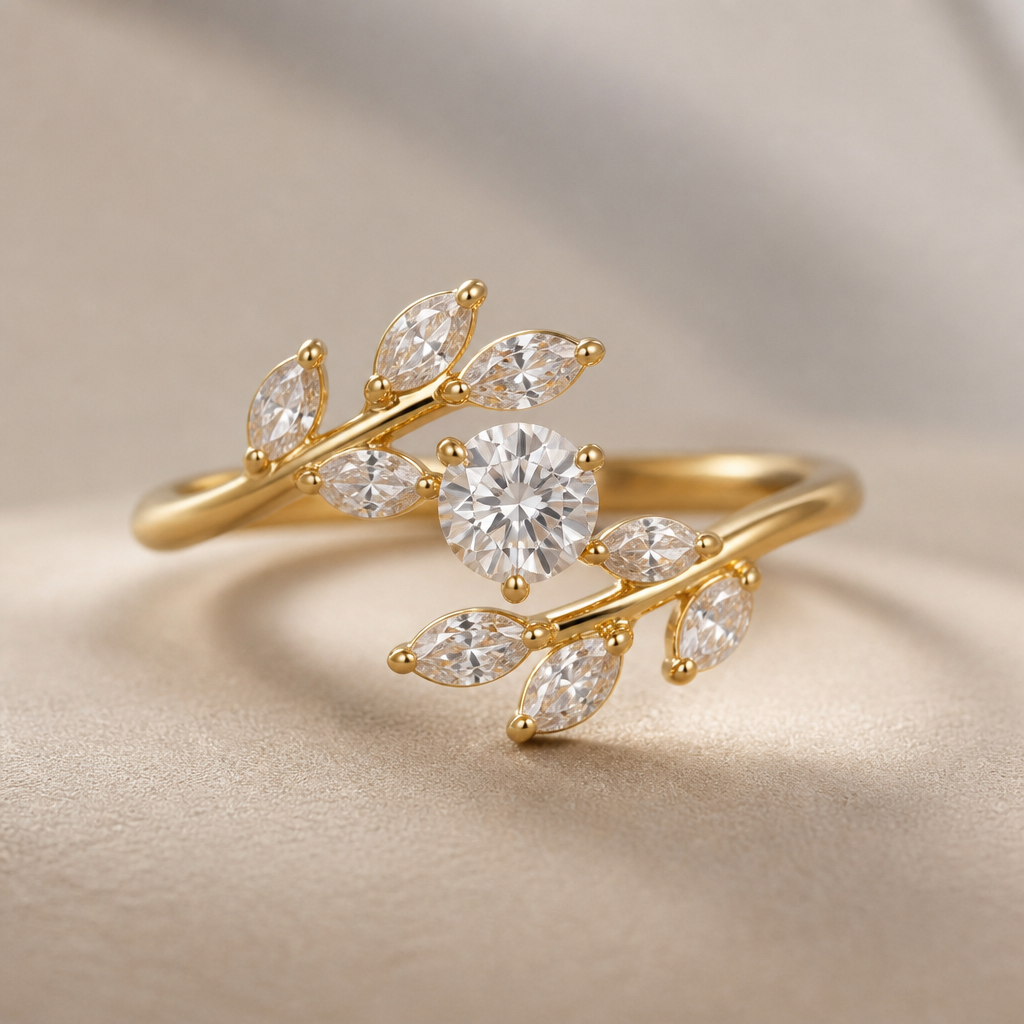 A modern women's ring with diamond stones suitable for engagement. This is a nature-inspired open wrap ring, often called a leaf vine ring or olive branch ring. The band doesn't form a complete circle—instead, it wraps around your finger with two delicate branches meeting at the frontLeaves: The marquise-shaped clear stones represent leaves.
✨ Stones: They are most likely cubic zirconia (CZ) or crystals unless the listing specifically says diamonds.
💛 Metal: The gold color could be gold-plated silver, stainless steel, or solid gold depending on the product.
🔄 Open wrap: The open front gives it a modern, delicate look and may allow slight size adjustment.
I want 1 carat diamond in between right in the centre
photorealistic jewelry design, A modern women's ring with diamond stones suitable for engagement. This is a nature-inspired open wrap ring, often called a leaf vine ring or olive branch ring. The band doesn't form a complete circle—instead, it wraps around your finger with two delicate branches meeting at the frontLeaves: The marquise-shaped clear stones represent leaves.
✨ Stones: They are most likely cubic zirconia (CZ) or crystals unless the listing specifically says diamonds.
💛 Metal: The gold color could be gold-plated silver, stainless steel, or solid gold depending on the product.
🔄 Open wrap: The open front gives it a modern, delicate look and may allow slight size adjustment.
I want 1 carat diamond in between right in the centre, modern style, just the design no text