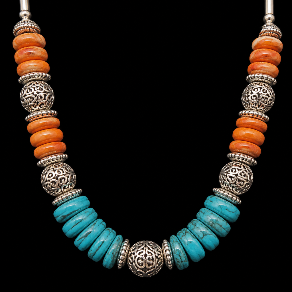 Graduated Spiny oyster 20mm x 5mm rondel beads, turquoise graduated rondel beads 17mm x 4mm, sterling silver beads 15mm x 13mm necklace
photorealistic jewelry design, Graduated Spiny oyster 20mm x 5mm rondel beads, turquoise graduated rondel beads 17mm x 4mm, sterling silver beads 15mm x 13mm necklace, filigree style, just the design no text