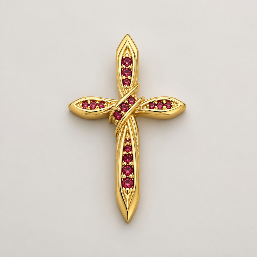 Dainty and feminine Gold cross with rubies, majority gold . Hidden bail
photorealistic jewelry design, Dainty and feminine Gold cross with rubies, majority gold . Hidden bail, contemporary style, just the design no text