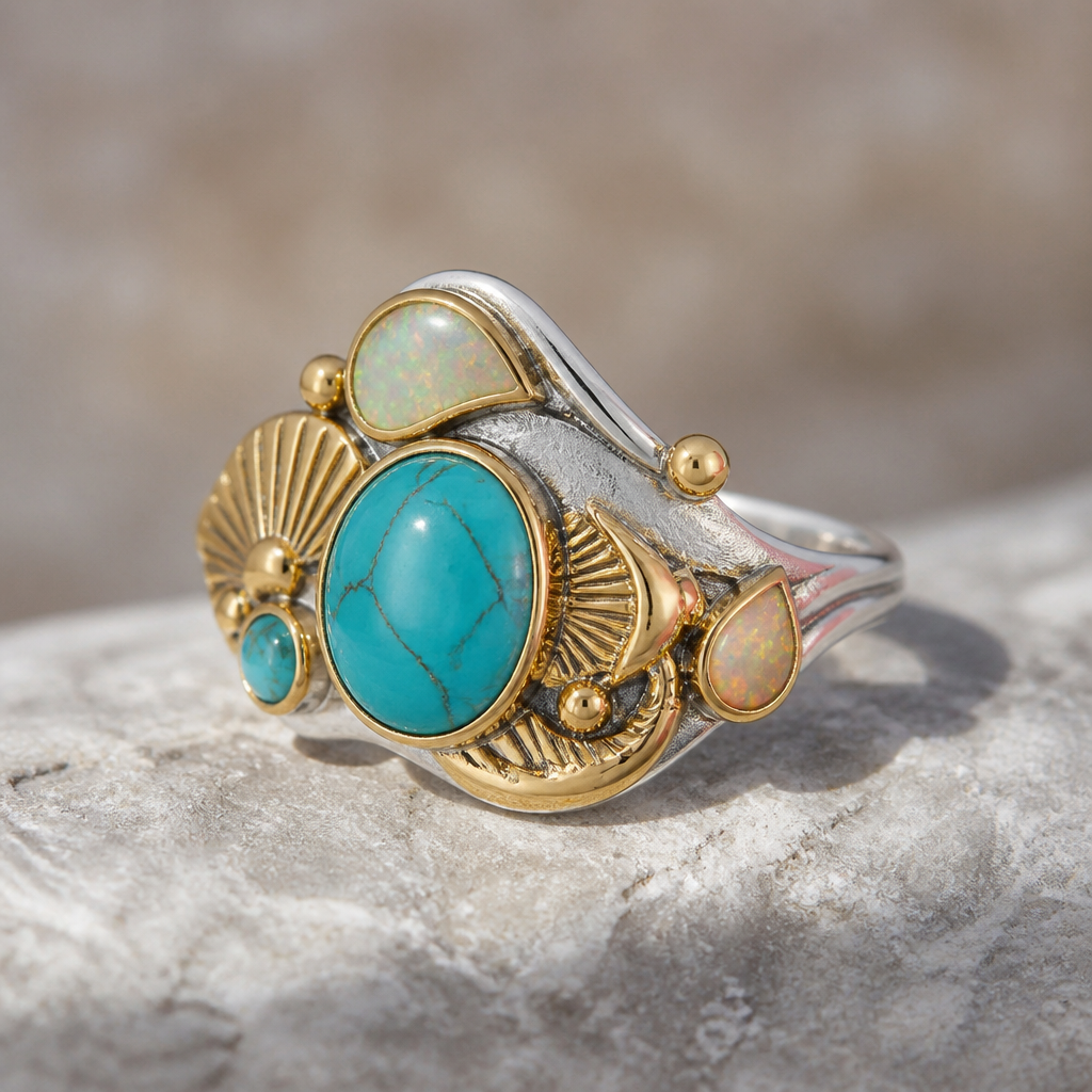 A modern women's ring made of mixed metal with turquoise and opal stones suitable for festival. A modern women ring with little ornaments of modern motifs.
photorealistic jewelry design, A modern women's ring made of mixed metal with turquoise and opal stones suitable for festival. A modern women ring with little ornaments of modern motifs., modern style, just the design no text