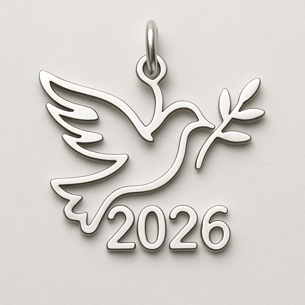 Silver cut-out charm blending together two spread out wings of a bird, an olive branch and  along year 2026