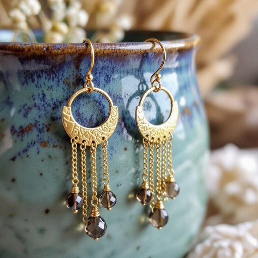 Золотые серьги полумесяц вертикальный 2 см, сверху крепится к швензе. От полумесяца идет три цепочки золотого цвета, у каждой на конце камушек раухтопаз