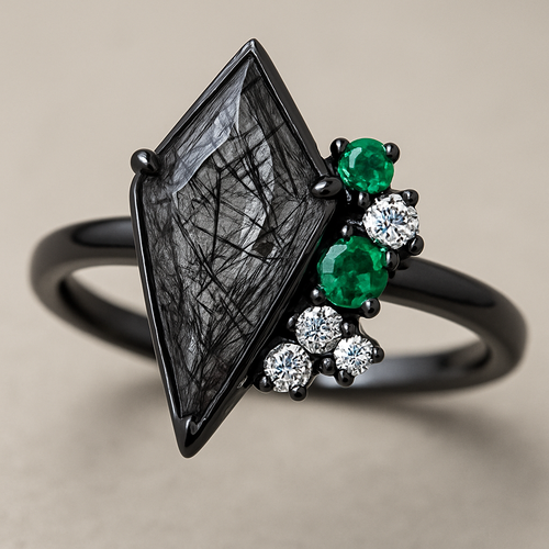Kite cut Black rutilated quartz with emerald and moissanite accent stones in a cluster on a black band