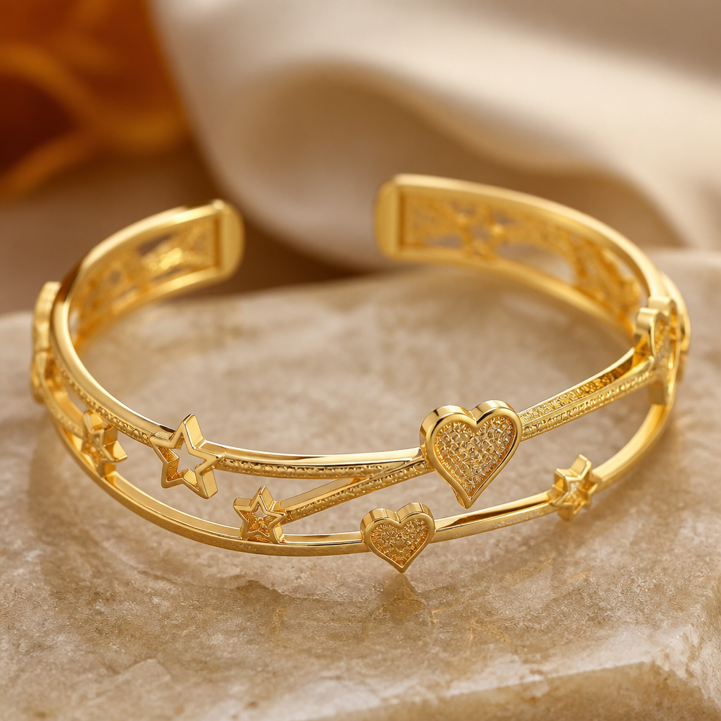 "Design a stylish 22K pure gold kangan for a 20-year-old woman. Minimalist yet luxurious, featuring sleek curves, unique open-cuff elements, tiny heart and star motifs, textured gold detailing, and a modern designer aesthetic. Premium jewelry photography, realistic gold shine, elegant and fashionable, luxury brand quality, ultra-realistic 4K render."
photorealistic jewelry design, "Design a stylish 22K pure gold kangan for a 20-year-old woman. Minimalist yet luxurious, featuring sleek curves, unique open-cuff elements, tiny heart and star motifs, textured gold detailing, and a modern designer aesthetic. Premium jewelry photography, realistic gold shine, elegant and fashionable, luxury brand quality, ultra-realistic 4K render.", byzantine style, just the design no text