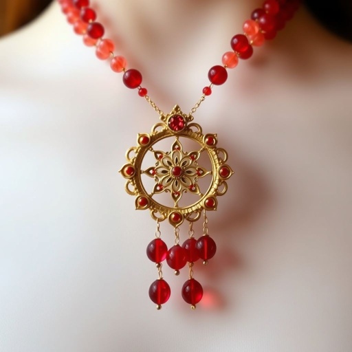 Long tie style necklace consisting several long strings many from small size glass red beads going around neck and in front entering the golden ring and hanging out. 
