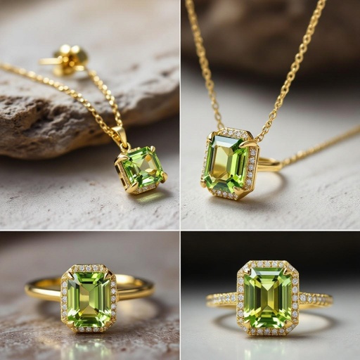 Modern peridot earring and necklace and ring  jewelry design with gold