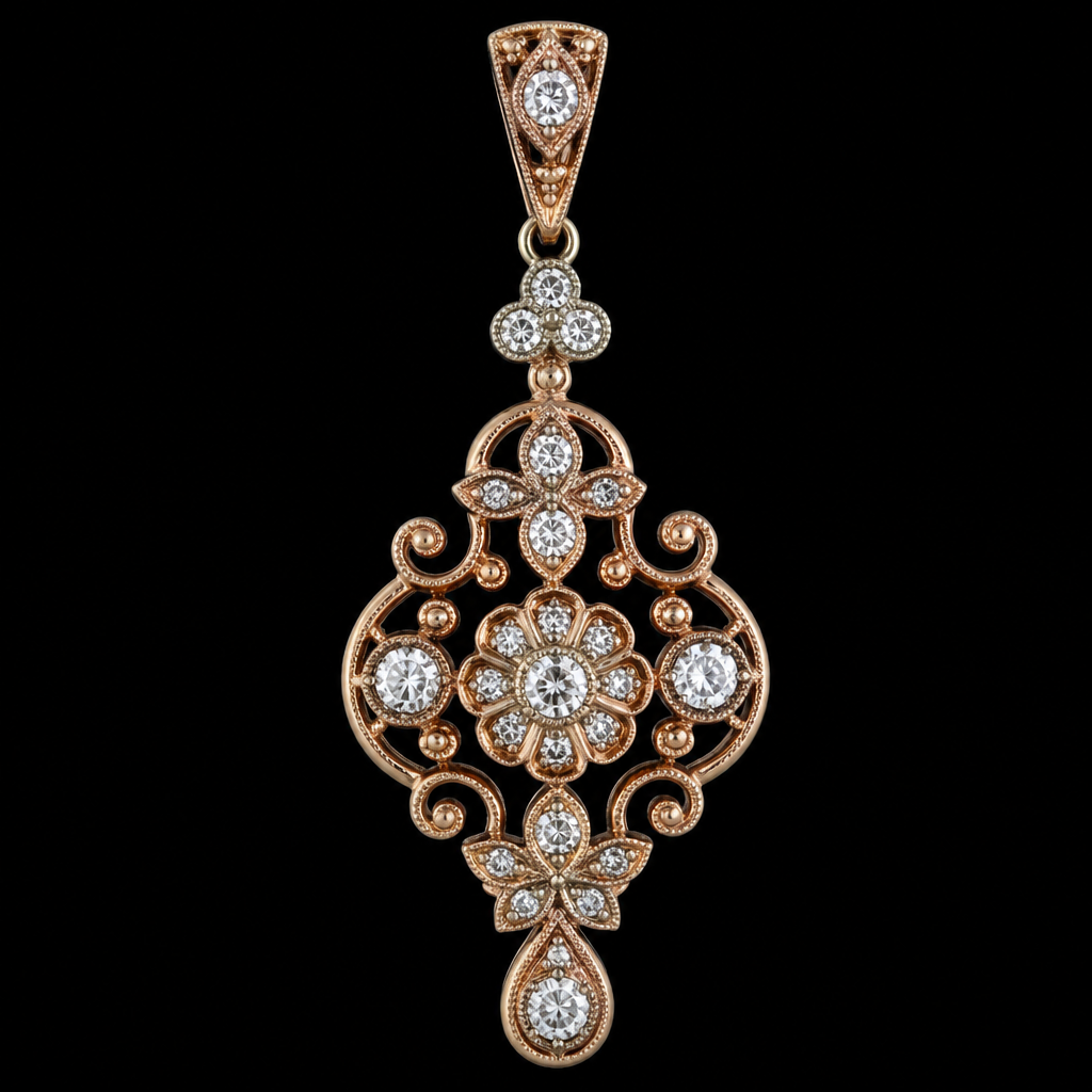 A vintage women's pendant made of rose gold with diamond stones suitable for formal
photorealistic jewelry design, A vintage women's pendant made of rose gold with diamond stones suitable for formal, vintage style, just the design no text