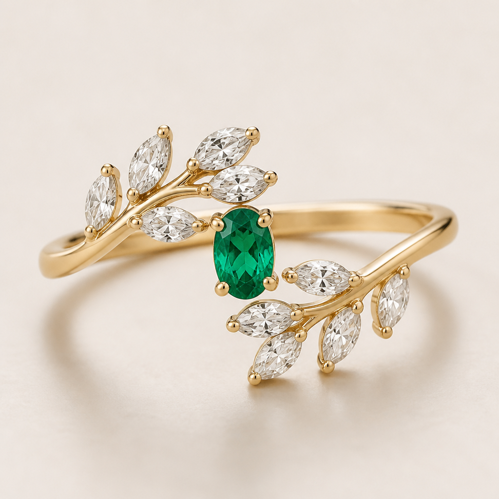 A modern women's ring with diamond stones suitable for engagement, detailed and decorative, moderately ornate. This is a nature-inspired open wrap ring, often called a leaf vine ring or olive branch ring. The band doesn't form a complete circle—instead, it wraps around your finger with two delicate branches meeting at the frontLeaves: The marquise-shaped clear stones represent leaves.
✨ Stones: They are most likely cubic zirconia (CZ) or crystals unless the listing specifically says diamonds.
💛 Metal: The gold color could be gold-plated silver, stainless steel, or solid gold depending on the product.
🔄 Open wrap: The open front gives it a modern, delicate look and may allow slight size adjustment.
I want 6x4 mm emrald in between right in the centre
photorealistic jewelry design, A modern women's ring with diamond stones suitable for engagement, detailed and decorative, moderately ornate. This is a nature-inspired open wrap ring, often called a leaf vine ring or olive branch ring. The band doesn't form a complete circle—instead, it wraps around your finger with two delicate branches meeting at the frontLeaves: The marquise-shaped clear stones represent leaves.
✨ Stones: They are most likely cubic zirconia (CZ) or crystals unless the listing specifically says diamonds.
💛 Metal: The gold color could be gold-plated silver, stainless steel, or solid gold depending on the product.
🔄 Open wrap: The open front gives it a modern, delicate look and may allow slight size adjustment.
I want 6x4 mm emrald in between right in the centre, modern style, just the design no text