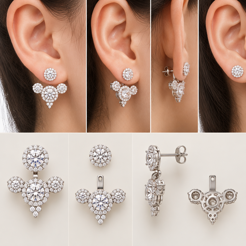 A women's earrings, detailed and decorative, moderately ornate. ตามแบบที่แนบเปลี่ยนในวงกลมสีแดงเป็นเม็ดเดี่ยวล้อม, สามารถถอดออกเป็นส่วนๆได้, อ่อมให้หู,4 views
using the attached image as a visual reference, create A women's earrings, detailed and decorative, moderately ornate. ตามแบบที่แนบเปลี่ยนในวงกลมสีแดงเป็นเม็ดเดี่ยวล้อม, สามารถถอดออกเป็นส่วนๆได้, อ่อมให้หู,4 views. photorealistic, just the design no text