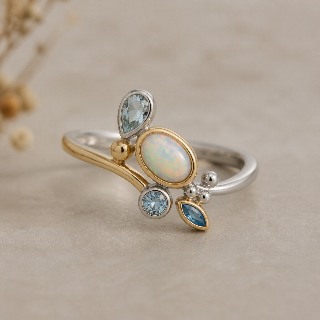 A minimalist women's ring made of mixed metal with opal and topaz and aquamarine stones suitable for festival. A modern women ring with little ornaments of modern motifs.
photorealistic jewelry design, A minimalist women's ring made of mixed metal with opal and topaz and aquamarine stones suitable for festival. A modern women ring with little ornaments of modern motifs., minimalist style, just the design no text