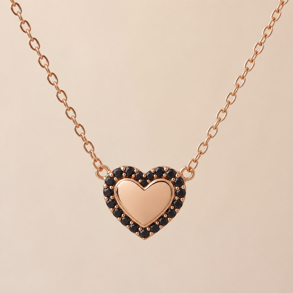 Small heart necklace make of solid rose gold the heart shape surrounded by tiny black diamonds
photorealistic jewelry design, Small heart necklace make of solid rose gold the heart shape surrounded by tiny black diamonds , just the design no text