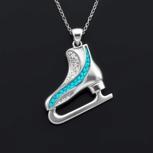 Silver Pendant shape one ice skate with turquoise stripe inside the low thin part blade