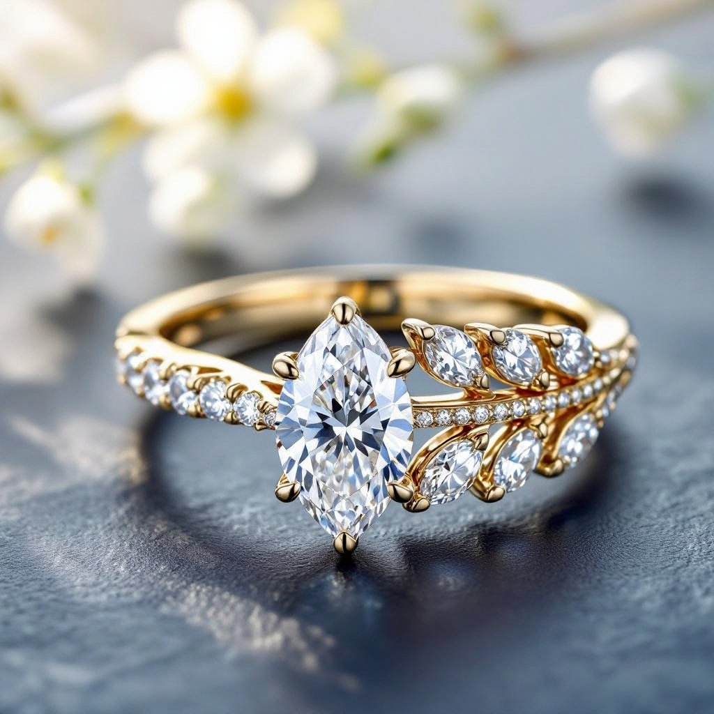 marquise diamond with band in shape of Olive branch studded with diamond 