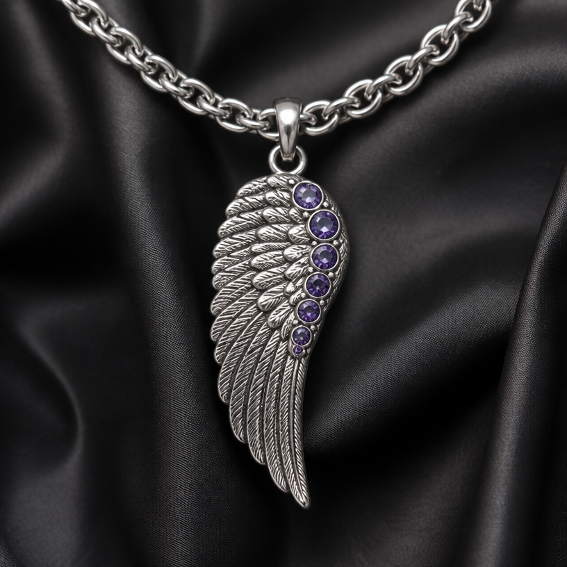 A women's ring made of silver with amethyst stones. feather stainless steel on thick stainless steel chain
using the attached image as a visual reference, create A women's ring made of silver with amethyst stones. feather stainless steel on thick stainless steel chain. photorealistic, just the design no text