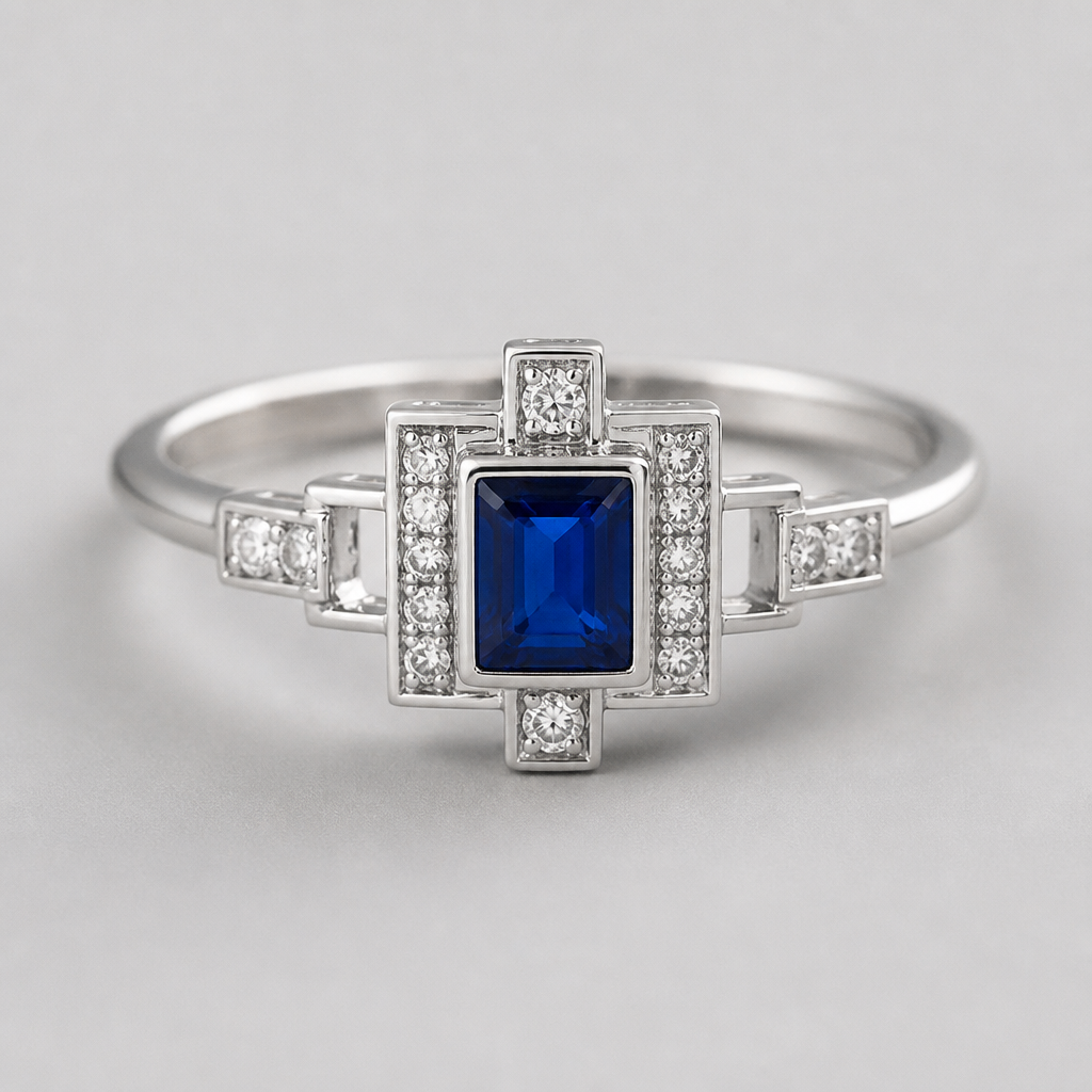 A women's ring. art déco 1920 or saphir bleu
photorealistic jewelry design, A women's ring. art déco 1920 or saphir bleu, modern style, just the design no text