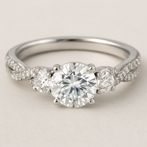 Elegant 4 carat tw 3 stone engagement ring with twisted pave band