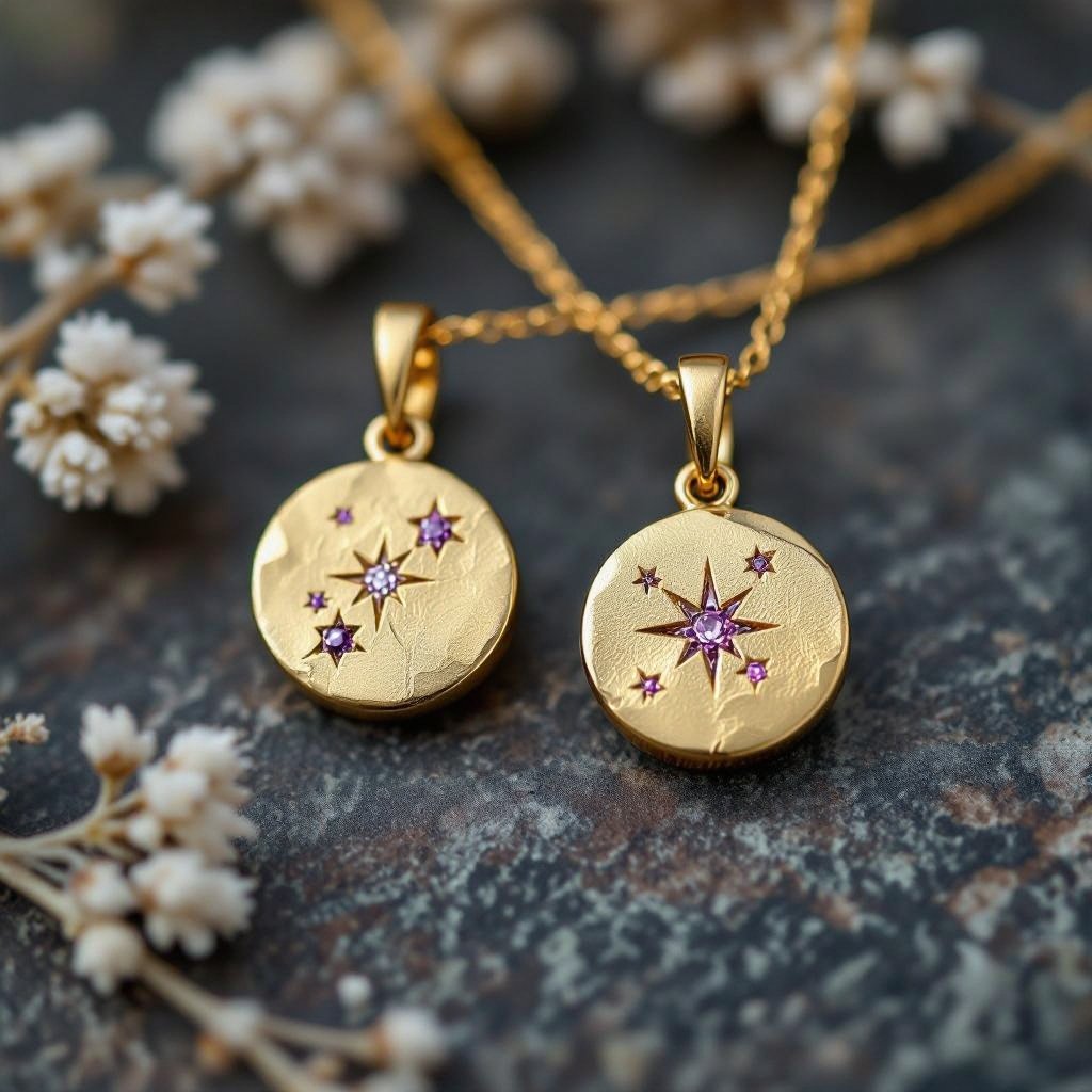 Серьги и кулон в одном стиле. Светлое матовое состаренное мятое золото. В окружности символ созвездия. Очень маленькие сиреневые камушки. 