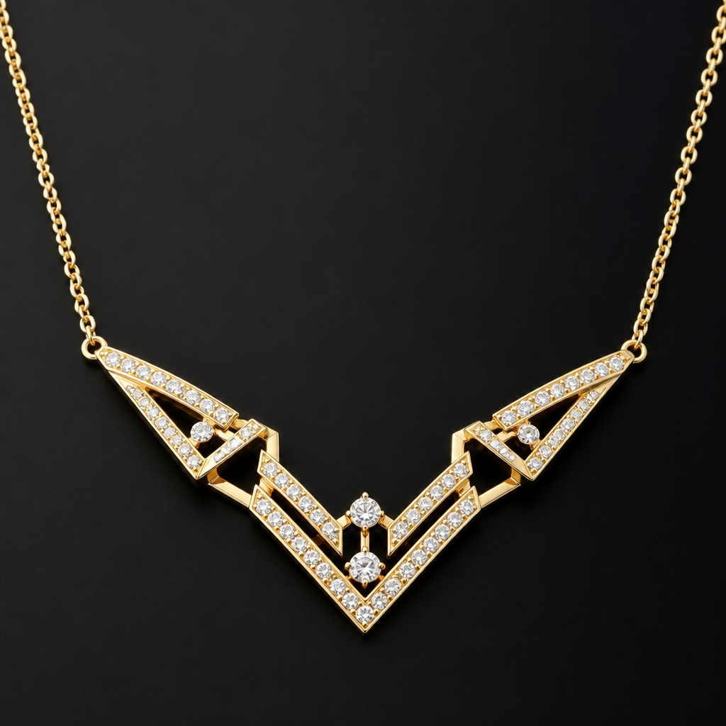 A geometric women's necklace made of gold with diamond stones
photorealistic jewelry design, A geometric women's necklace made of gold with diamond stones, geometric style, just the design no text
