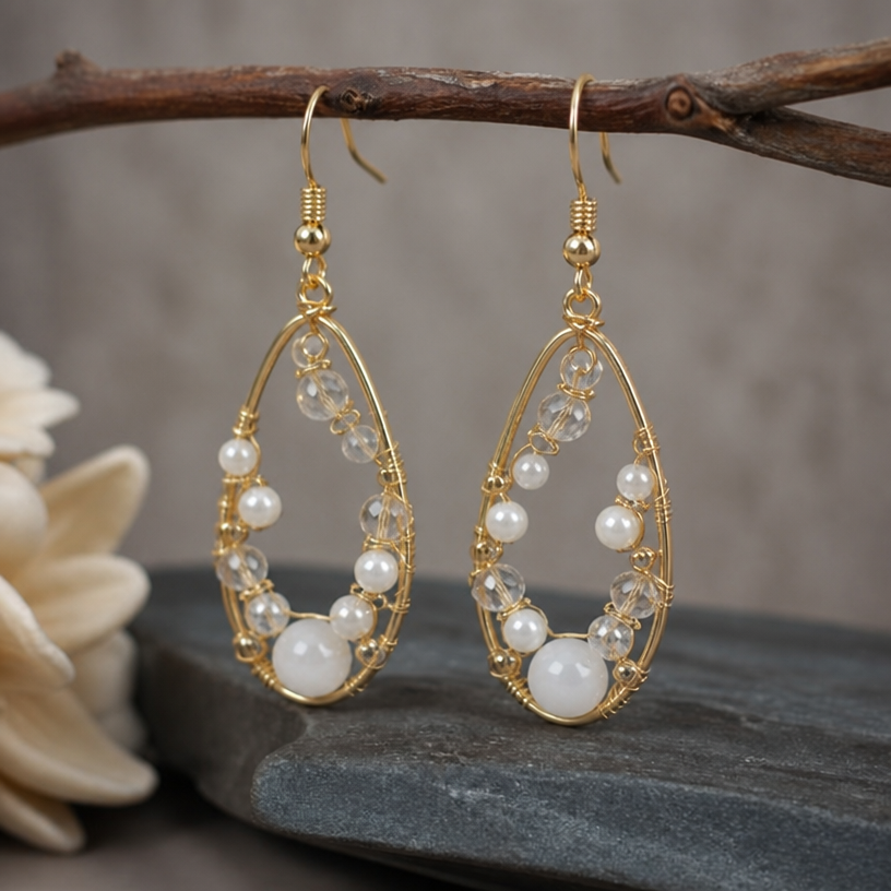 A scandinavian women's earrings suitable for daily wear. beautiful bead, crystal bead and wire earrings
using the attached image as a visual reference, create A scandinavian women's earrings suitable for daily wear. beautiful bead, crystal bead and wire earrings. photorealistic, just the design no text
