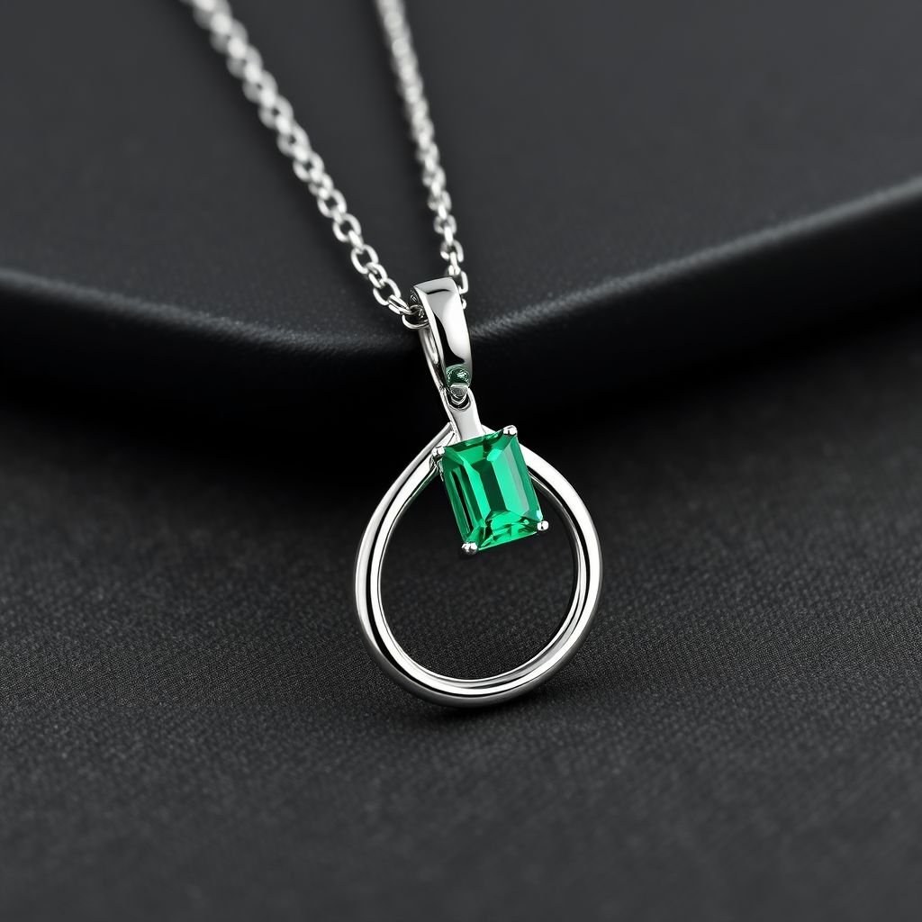 Small loop white gold with emerald cut emerald
Design a sleek, modern jewelry piece featuring a small, minimalist loop crafted from polished white gold. At its center, prominently display an emerald-cut emerald, showcasing clean lines and a vivid green hue. Incorporate geometric accents and asymmetrical elements to enhance the contemporary aesthetic, creating a striking, elegant statement piece.