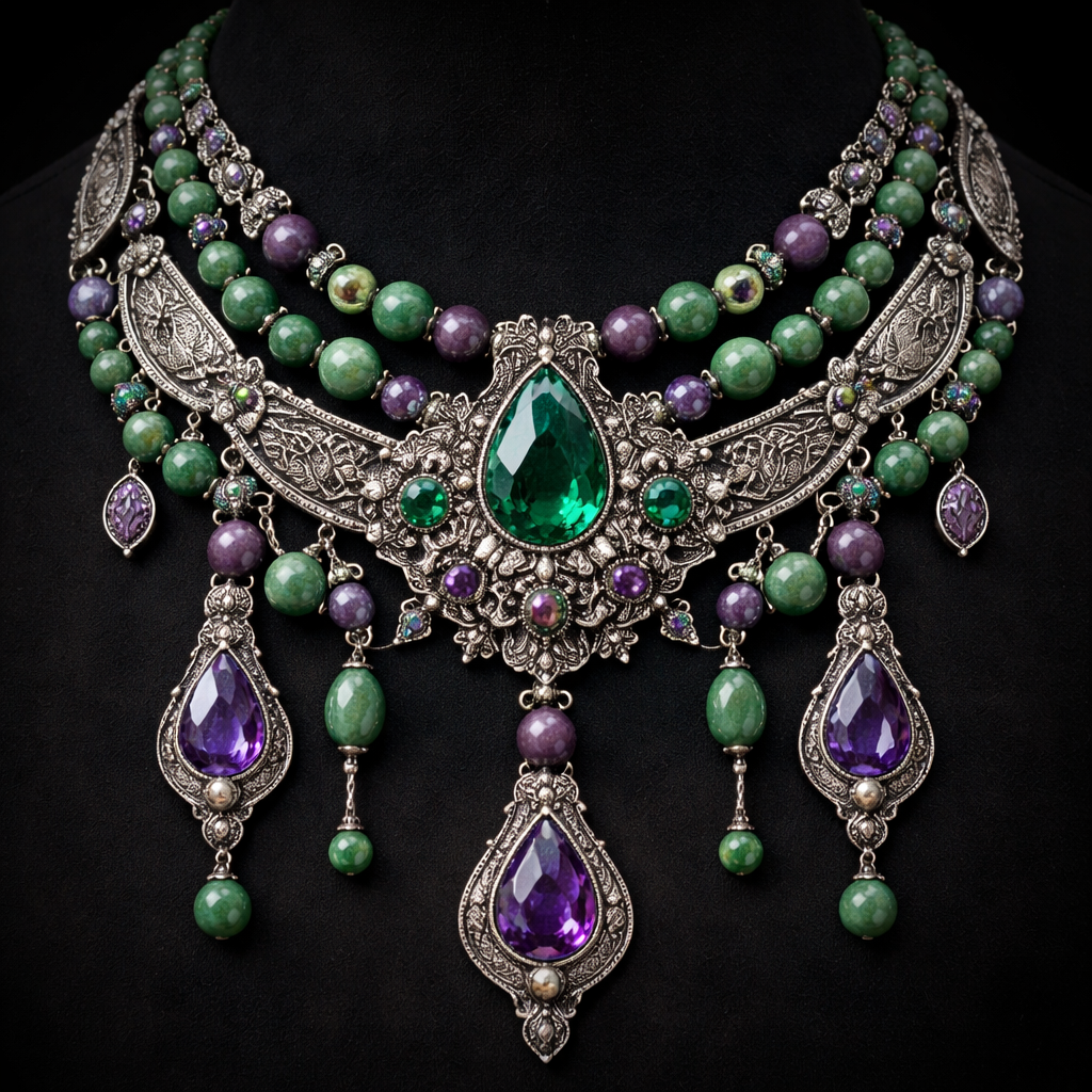 A statement necklace using green and purple beads
