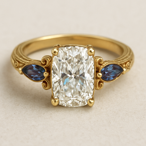 2 carat elongated cushion cut diamond engagement yellow gold ring with marquise shaped alexandrite side stones 