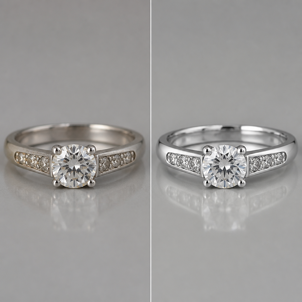 create a before and after of a white gold ring that had a rhodium plating and cleaning done
photorealistic jewelry design, create a before and after of a white gold ring that had a rhodium plating and cleaning done
, just the design no text