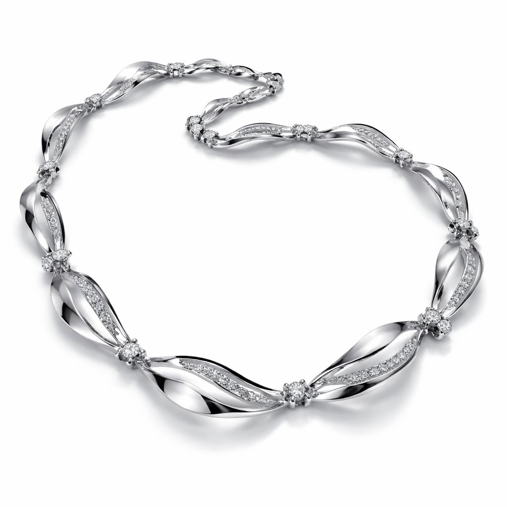 A flexible necklace which is not rigid and inspired by a very twisted flat wire and it has links that connected the small pieces with eachothe and it has diamondr