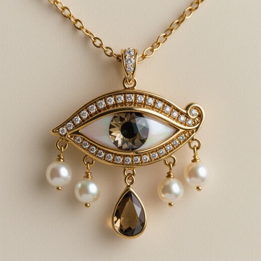 Тонкая цепочка с золотыми шариками и мелкими жемчужными камушками на цепочке есть кулон в форме глаза, зрачок глаза из раухтопаза от глаза идет маленькая подвеска с маленьким камушком 