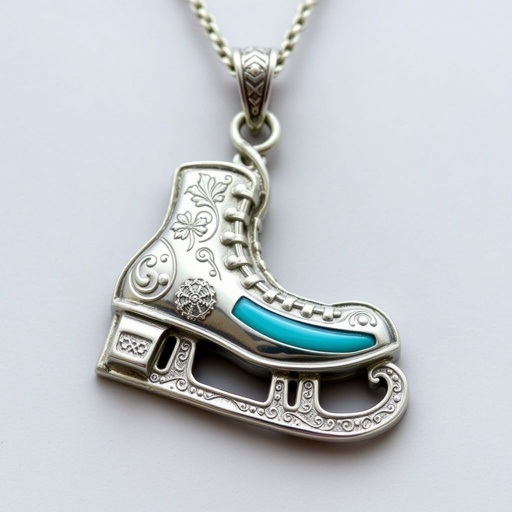Silver pendant in the shape of ice skating blades with a turquoise stripe within the blade