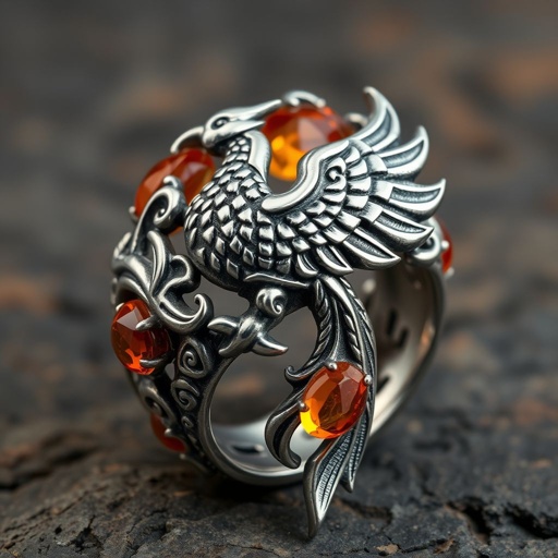 A silver segnit ring with a Celtic phoenix rising from the swirling flames on it 