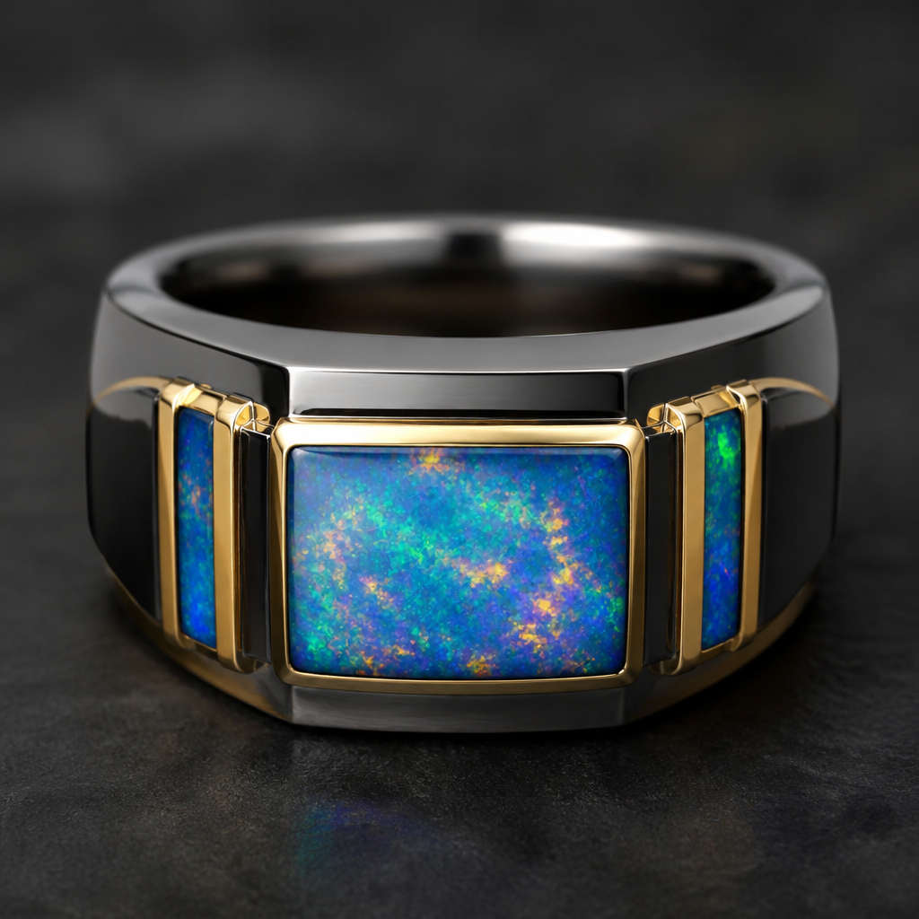 A men's ring with opal stones
photorealistic jewelry design, A men's ring with opal stones, modern style, just the design no text