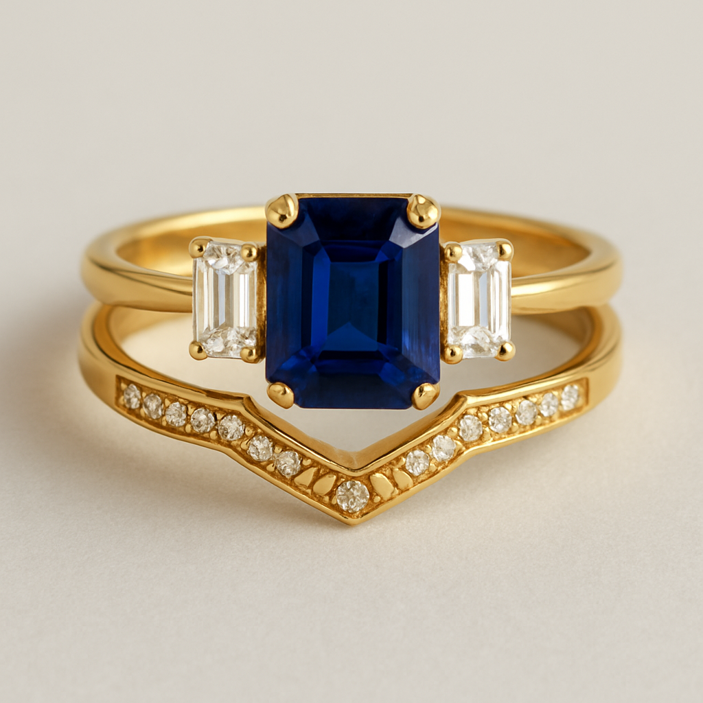 2 gold rings, the first is an emerald cut sapphire engagement ring with smaller emerald cut diamonds flanking the sapphire and the second is an art deco wedding band with a gap to allow the gems of the first ring to over lap the wedding band