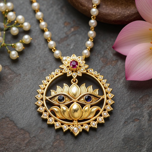Кулон на длинной цепочке. Матовое светлое золото. В цепочке небольшие золотые шарики и жемчуг. Кулон в виде двух глаз над ними лотос с маленьким красным камнем внутри узоры завитушки 