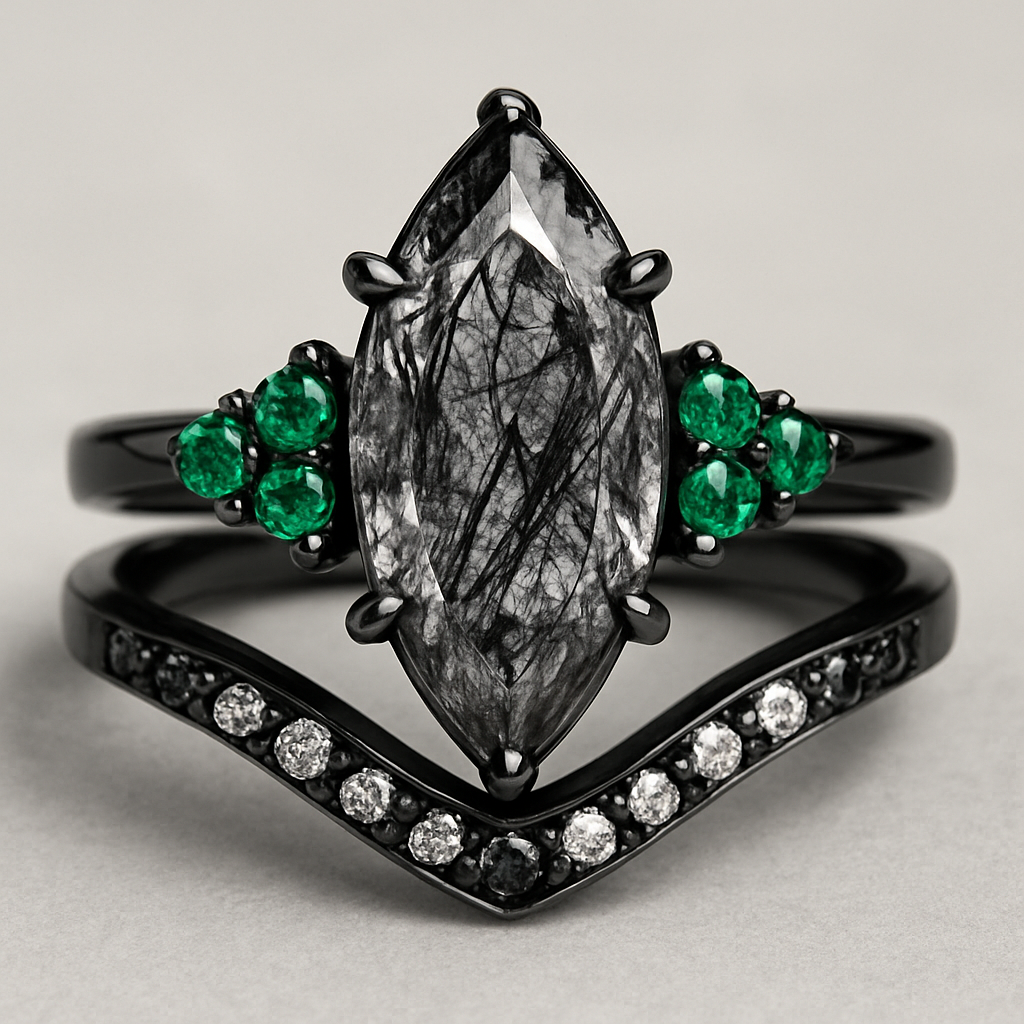 Black band, long kite cut rutilated black quartz, emerald accent stones 3 on each side in a cluster, add a wedding band that curves around the top of the main stone with black and white stones