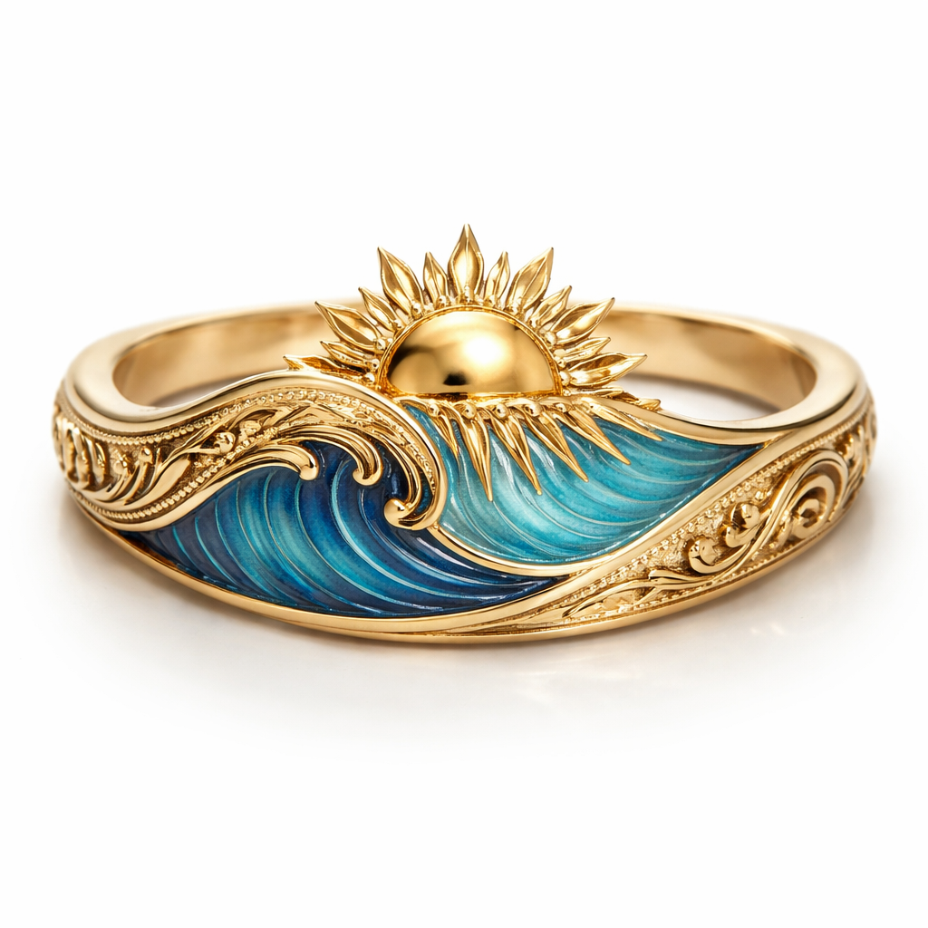 Remove the wave add blue in the curve of the gold The wave i want it more simple the wave make it lighter and add oriental details in the gold I want the whole ring as a wave . The sun is above the curve Make it oriental with details Keep it as ring not necklace as before bottom rays melting in the curve like its sun setting in the ocean leave the gold and the details but add a hint of blue reminding us of the ocean