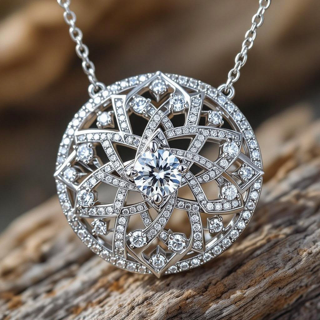 Geomatric pendant of ballerina of geomatric and architectural shape and voulume of diamonds and edgy style