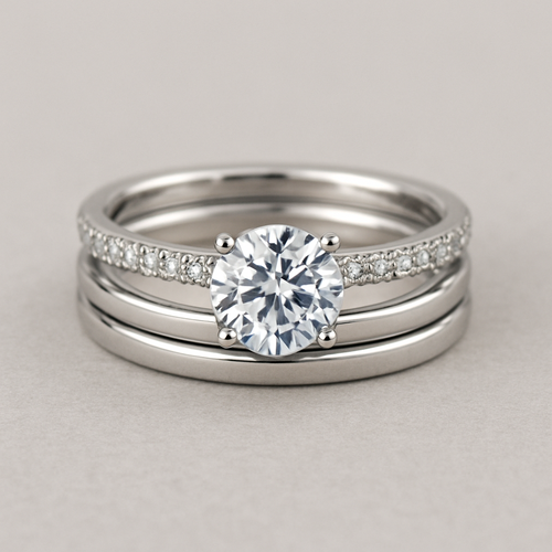 1 carat round stone with pave band and 2 wedding bands