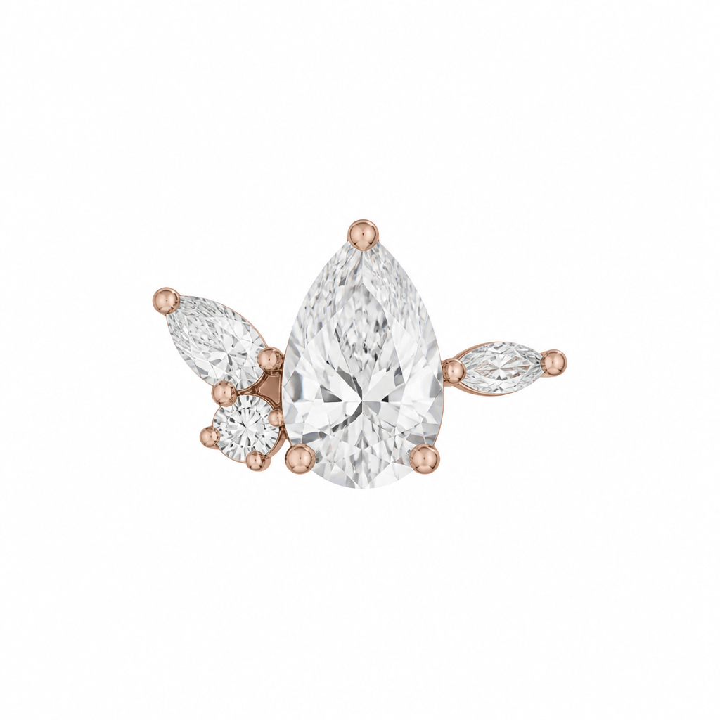 "pear shape center with very small marquis on right side, one small pear and round on left side in rose gold setting
photorealistic jewelry design, "pear shape center with very small marquis on right side, one small pear and round on left side in rose gold setting, just the design no text