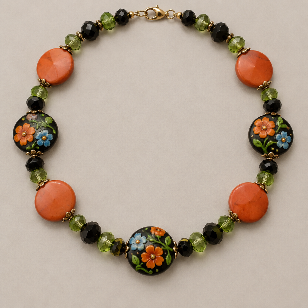 faceted green beads 6mm, black faceted beads 6mm, lamp work 15mm discs black with orange and blue flowers with green vines, and 17mm orange coral disc beads
photorealistic jewelry design, faceted green beads 6mm, black faceted beads 6mm, lamp work 15mm discs black with orange and blue flowers with green vines, and 17mm orange coral disc beads , nature_inspired style, just the design no text