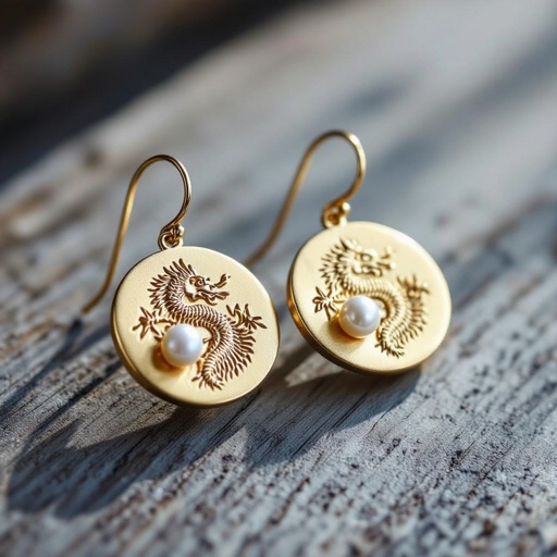 Золотые матовые серьги с изображением дракона узоры и жемчуг 