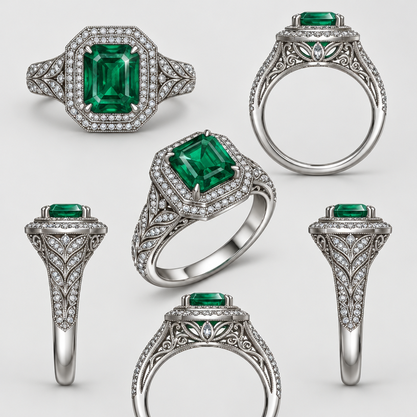 A women's ring made of silver with emerald and diamond stones, highly ornate, intricate and elaborate, richly detailed
using the attached image as a visual reference, create A women's ring made of silver with emerald and diamond stones, highly ornate, intricate and elaborate, richly detailed. photorealistic, just the design no text