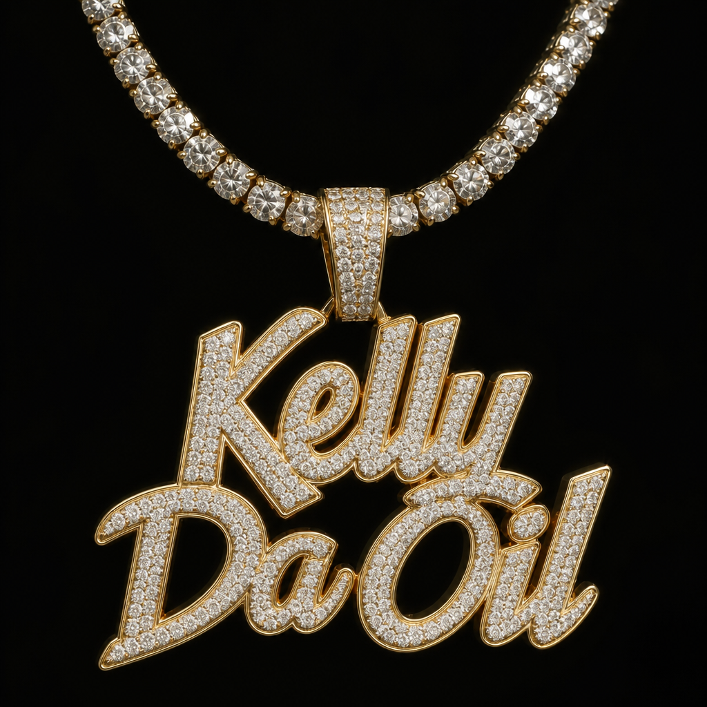 A men's necklace with diamond stones. make a hold and diamond chain saying "Kelly Da Oil" on it written in gold and diamonds with a Jhonny Dane type design
photorealistic jewelry design, A men's necklace with diamond stones. make a hold and diamond chain saying "Kelly Da Oil" on it written in gold and diamonds with a Jhonny Dane type design, modern style, just the design no text