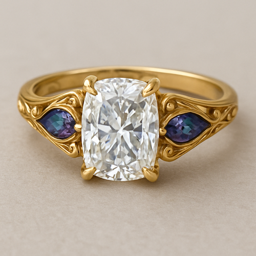 2 carat elongated cushion cut diamond engagement ring with double claw prongs in yellow gold ring with marquise shaped alexandrite side stones 