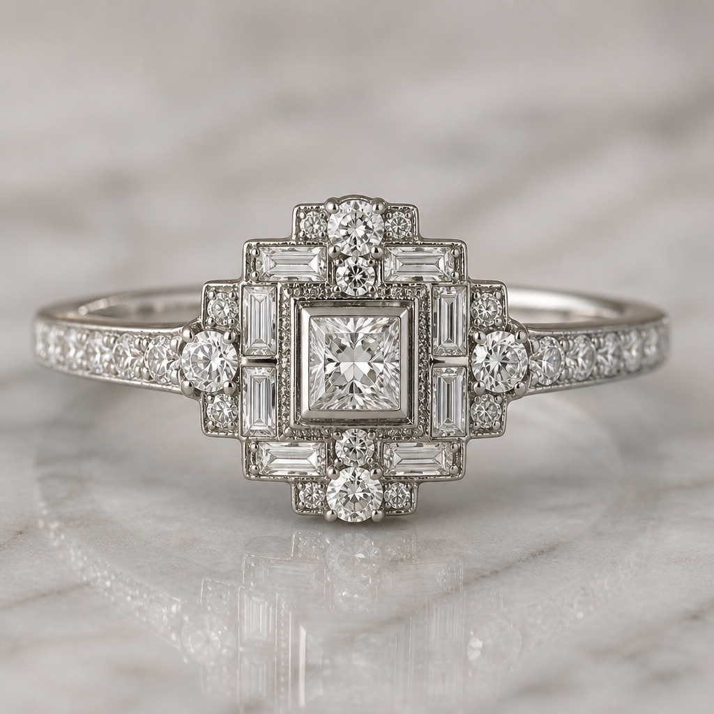 Create me a ring using a small princess cut square diamond, 10 small round diamonds, 6 small rectangle baguette diamonds, 26 sand grain diamonds and 8 slightly larger rounds diamonds that increase by 0.1 in size in pairs of 2 from the sand grain diamonds
photorealistic jewelry design, Create me a ring using a small princess cut square diamond, 10 small round diamonds, 6 small rectangle baguette diamonds, 26 sand grain diamonds and 8 slightly larger rounds diamonds that increase by 0.1 in size in pairs of 2 from the sand grain diamonds, geometric style, just the design no text