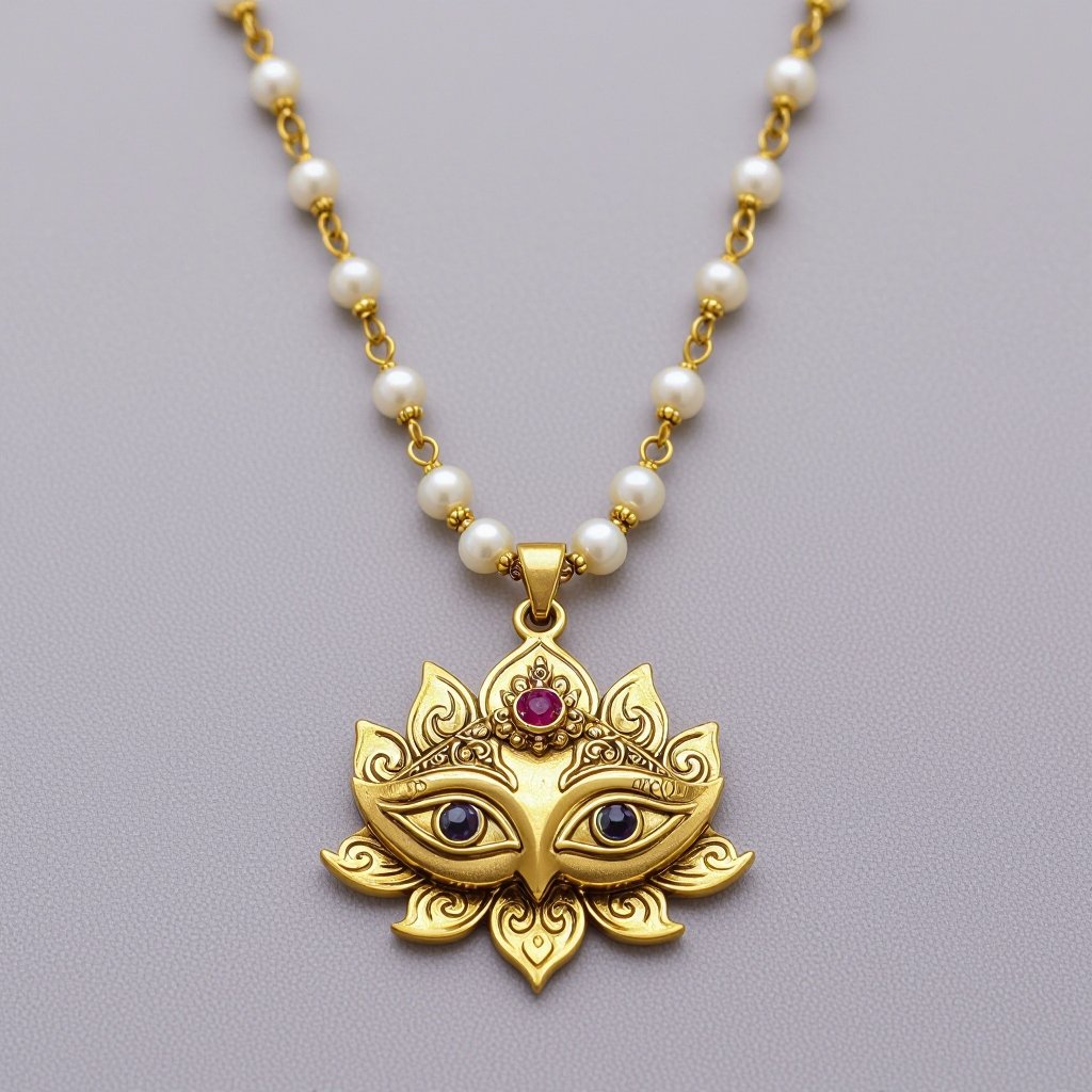 Кулон на длинной цепочке. Матовое светлое золото. В цепочке небольшие золотые шарики и жемчуг. Кулон в виде двух глаз над ними лотос с маленьким красным камнем внутри узоры завитушки 