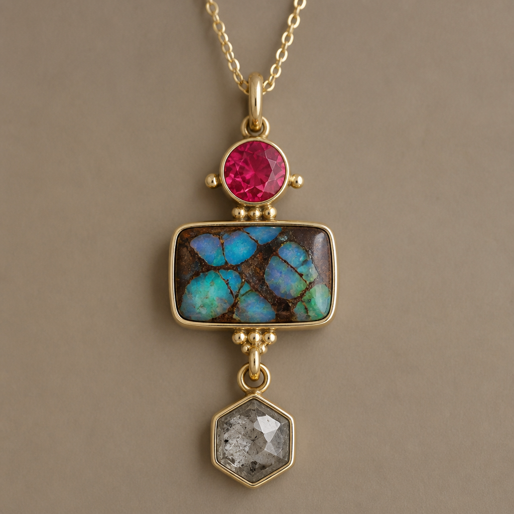 5mm round red beryl, rectangle boulder opal, 5mm hexagon salt and pepper diamond pendant
photorealistic jewelry design, 5mm round red beryl, rectangle boulder opal, 5mm hexagon salt and pepper diamond pendant , bohemian style, just the design no text