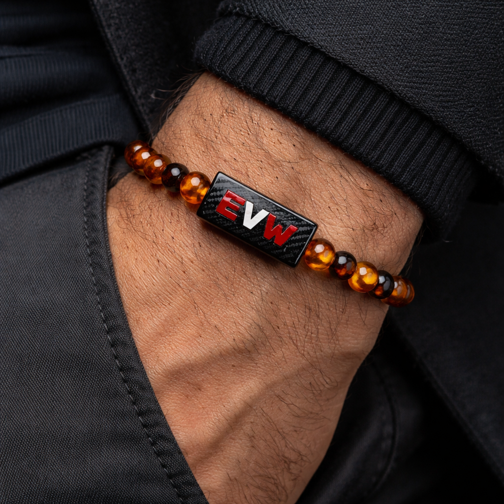 Do not use silver or gold and bracelet for man only amber stones small size EVW logo on the amber stone red and black and white colours arm