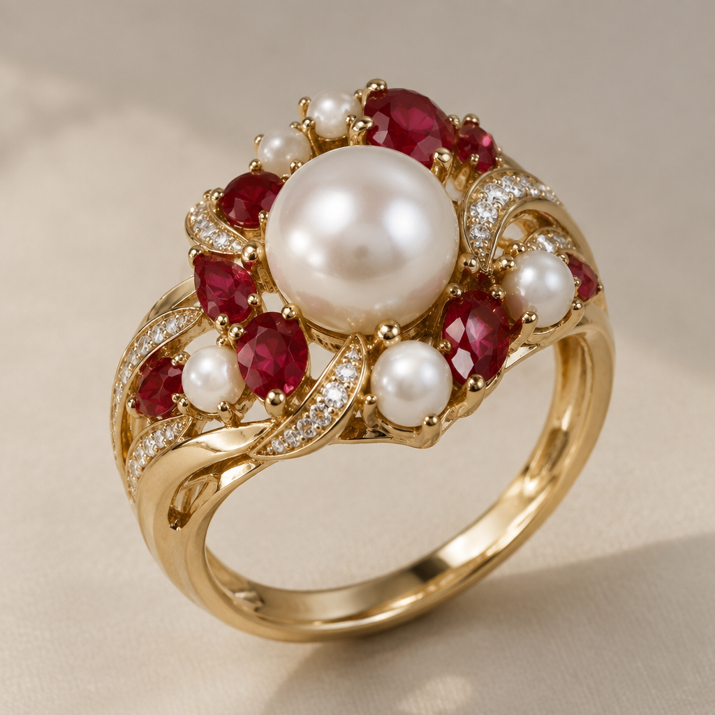 A pearl-adorned women's ring with ruby stones
photorealistic jewelry design, A pearl-adorned women's ring with ruby stones, pearl_adorned style, just the design no text